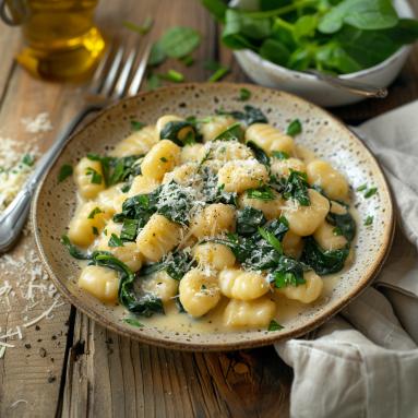 Gnocchi w kremowym sosie śmietanowo-czosnkowym ze szpinakiem