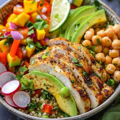 Kolorowa Buddha Bowl z kurczakiem, ciecierzycą, awokado i salsą mango-chili