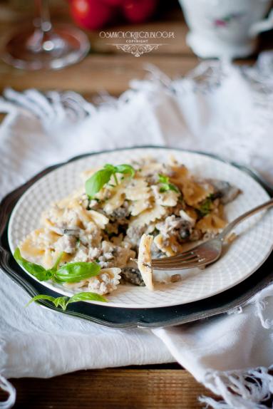 Makaron w sosie mascarpone, z mięsem mielonym i pieczarkami