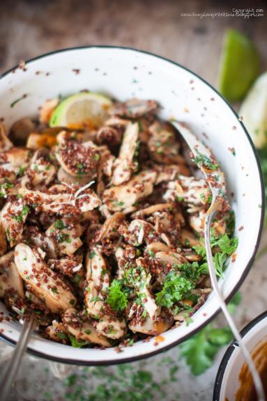 Sałatka z quinoa, kurczakiem i pieczarkami. I winegret z harissą (Red quinoa, chicken and mushroom salad with harissa vinaigrette.)