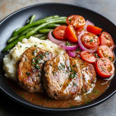 Steki z karkówki w sosie z tymiankiem z puree ziemniaczanym, fasolką szparagową i sałatką 