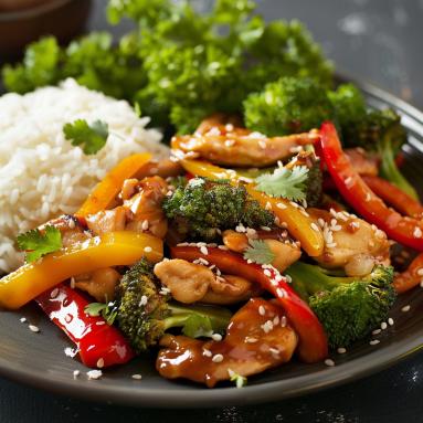 Stir-fry z kurczakiem i warzywami z ryżem jaśminowym 