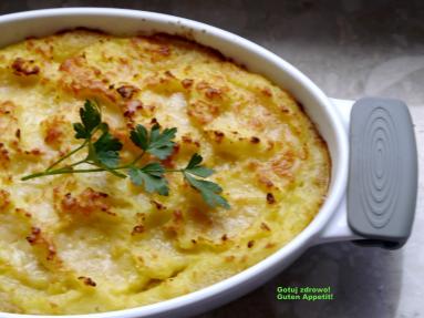 Zapiekanka z wędzoną makrelą, szpinakiem i puree ziemniaczanym