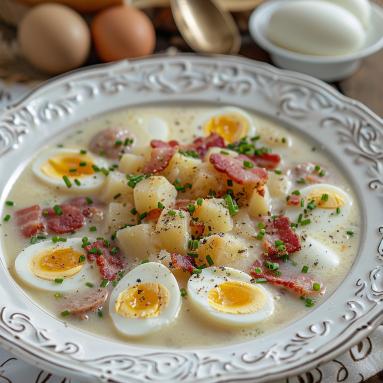 Zupa chrzanowa z jajkiem i wiejską kiełbasą na zakwasie